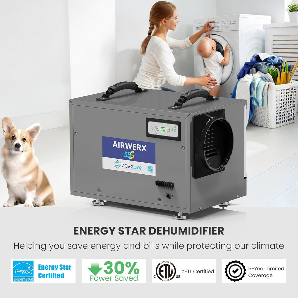 BaseAire 120 Pints Crawl Space Dehumidifier with Drain Hose, Energy Star Dehumidifier for Commercial, Home and Basement, Compact, Auto Defrost, Intelligent Control, Auto Restart, Up to 1300 Sq Ft