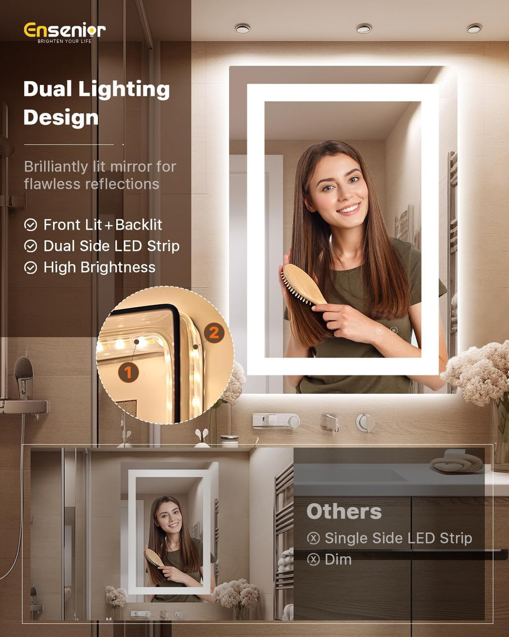 Ensenior LED Bathroom Mirror 24"x 32" with Front and Backlight, Stepless Dimmable Wall Mirrors with Anti-Fog, Shatter-Proof, Memory, 3 Colors, Modern LED Vanity Mirror-ETL & FCC