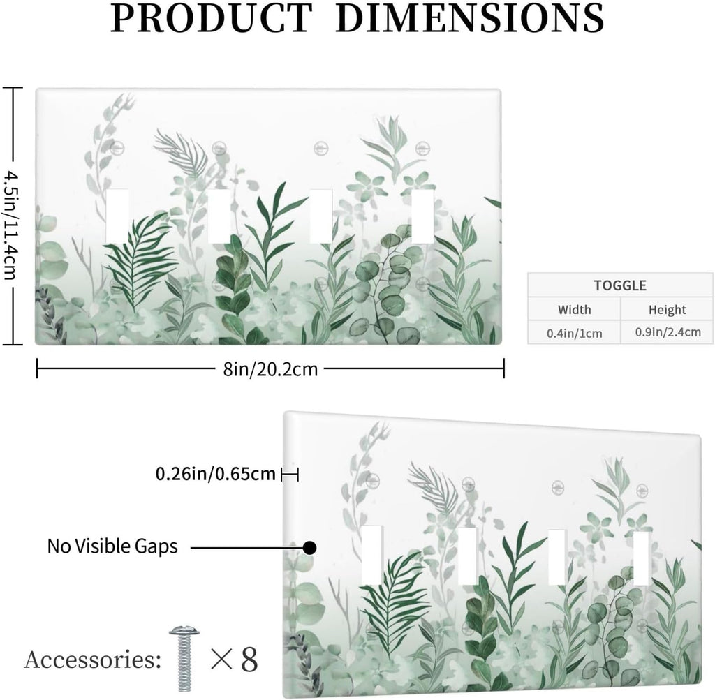 Watercolor Green Leaf Rustic Plant Eucalyptus Flowers Light Switch Covers Quad Toggle Electrical Faceplate 4 Gang Wall Plate Decorative Switch Plates for Bed Room Living Room Decor
