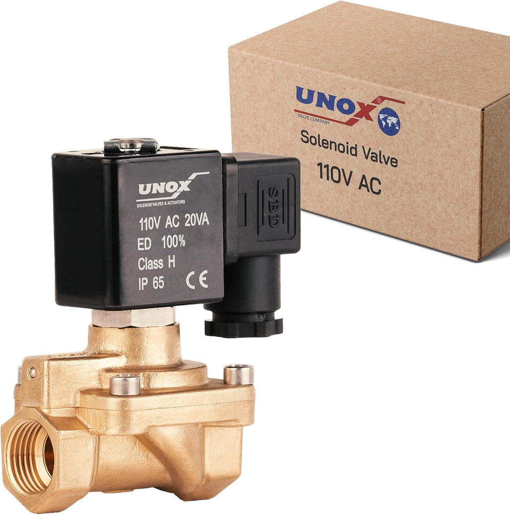 UNOX 1/2" NPT Solenoid Valve 110V AC, Brass Control Valve Normally Closed - 7-232 PSI Multi-Purpose Reliable Control Valve for Water, Air, and Gas - Solenoid Valves