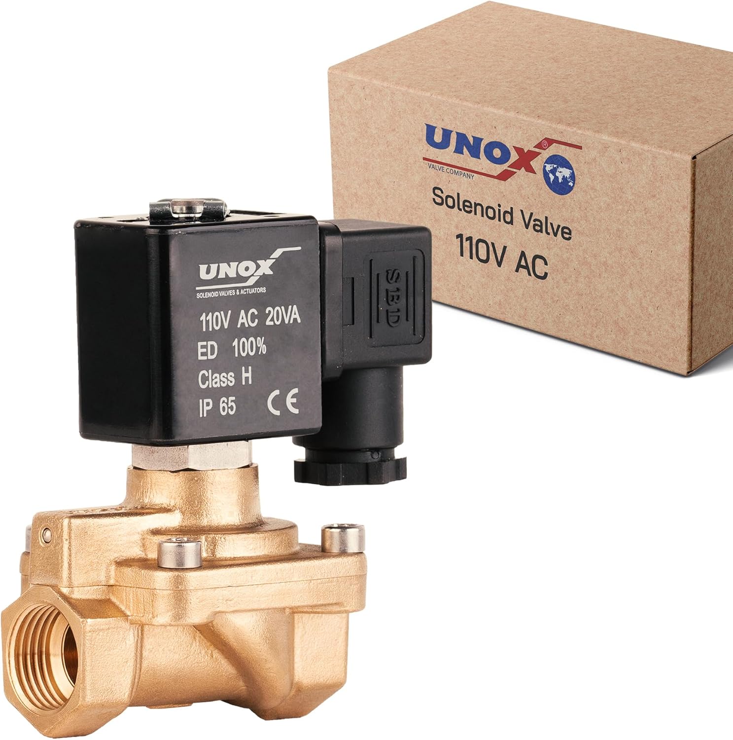 UNOX 3/8" NPT Solenoid Valve 110V AC, Brass Control Valve Normally Closed - 7-232 PSI Multi-Purpose Reliable Control Valve for Water and Air - Solenoid Valves