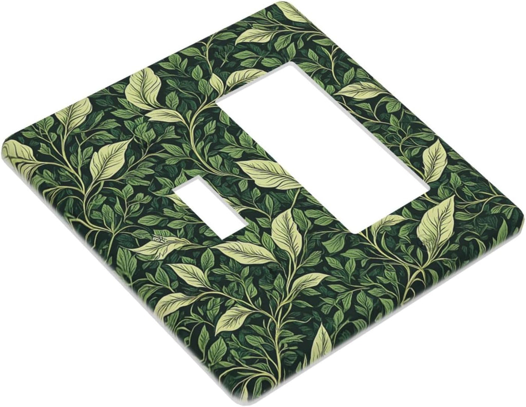 Vintage Green Plant Leaves 2 Gang Combo 1 Toggle 1 Rcoker Light Switch Covers Decorative Switch Plates Electrical Switch Plates and Outlet Covers for Home Art Decor 4.5 X 4.5 IN