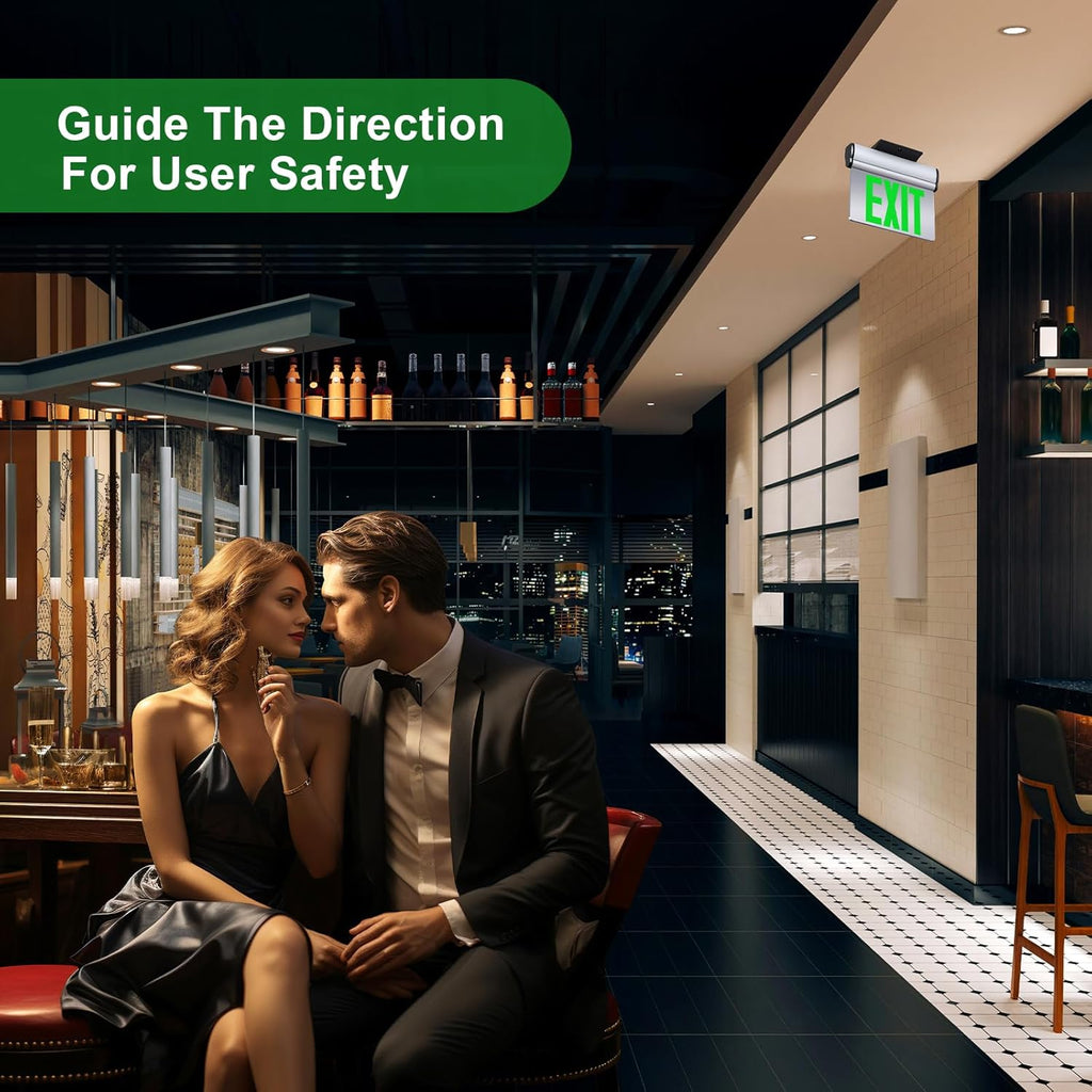 Led Edge-Lit Exit Sign ,Brushed Aluminum Housing Double-Sided Mirrored Rotating Acrylic Panel,Hardwired Emergency Exit Signs with Battery Backup, 120V-347VAC,Green Led Emergency Exit Light for Business , UL Listed,Top/Side/Wall Mount ( 1 Pack)