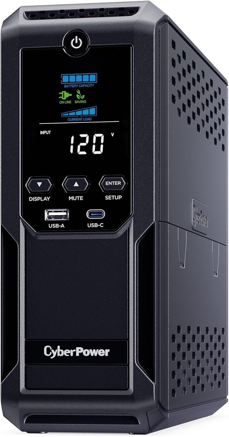CyberPower CP1350AVRLCD3 Intelligent LCD UPS System, 1350VA/815W, 12 Outlets, 2 USB Ports, AVR, Mini Tower, Black