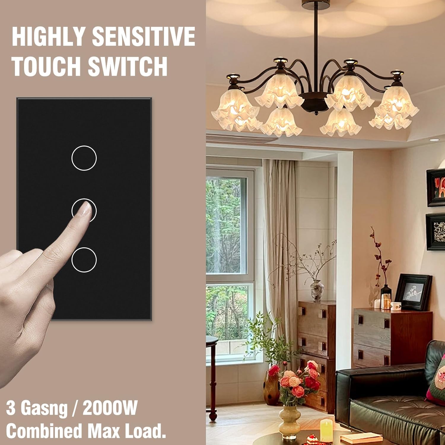 2 Way Light Switch 118X72X34MM No Neutral Wire, Wall Touch Switch 1000W, Tempered Glass Panel, FCC, Black 3 Gang