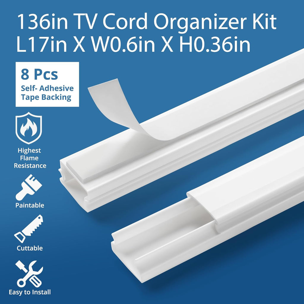 136in Cord Hider for Wall Mount TV, White Wire Covers for 1 Mini Cords, YCLYC 8Pack Cable Hider Kit, Paintable Power Wall Cord Cover, Wire Hiders for TV on Wall Cable Raceway - L17in W0.6in H0.36in