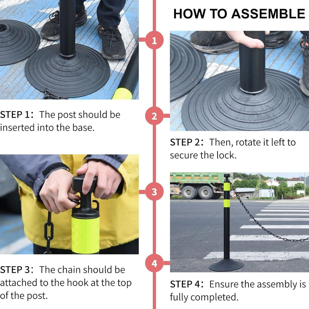6 Pack Traffic Delineator Post Cones with Plastic Chain Crowd Control Barriers - Expandable 40" Traffic Control Cones, 6 x 6.6 Ft Chains for Indoor & Outdoor Use (Red-Rubber Base)