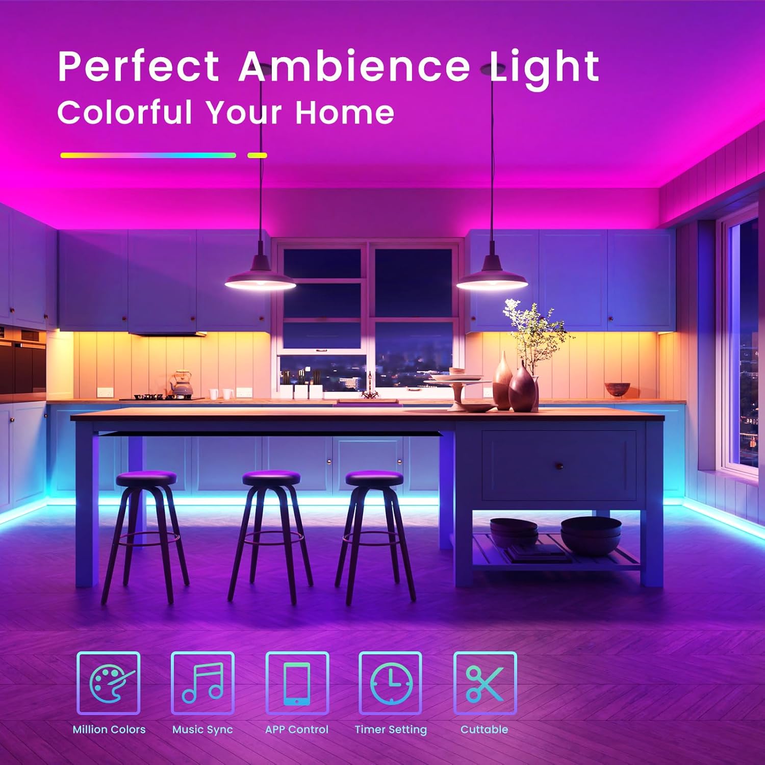 TJOY 60ft Bluetooth LED Strip Lights, Music Sync LED Lights Strip,RGB Color Changing Lighting with Remote,Smart Phone APP Control,Lighting for Bedroom,Ceiling,Room DIY(APP+Remote +Mic/60ftx1)