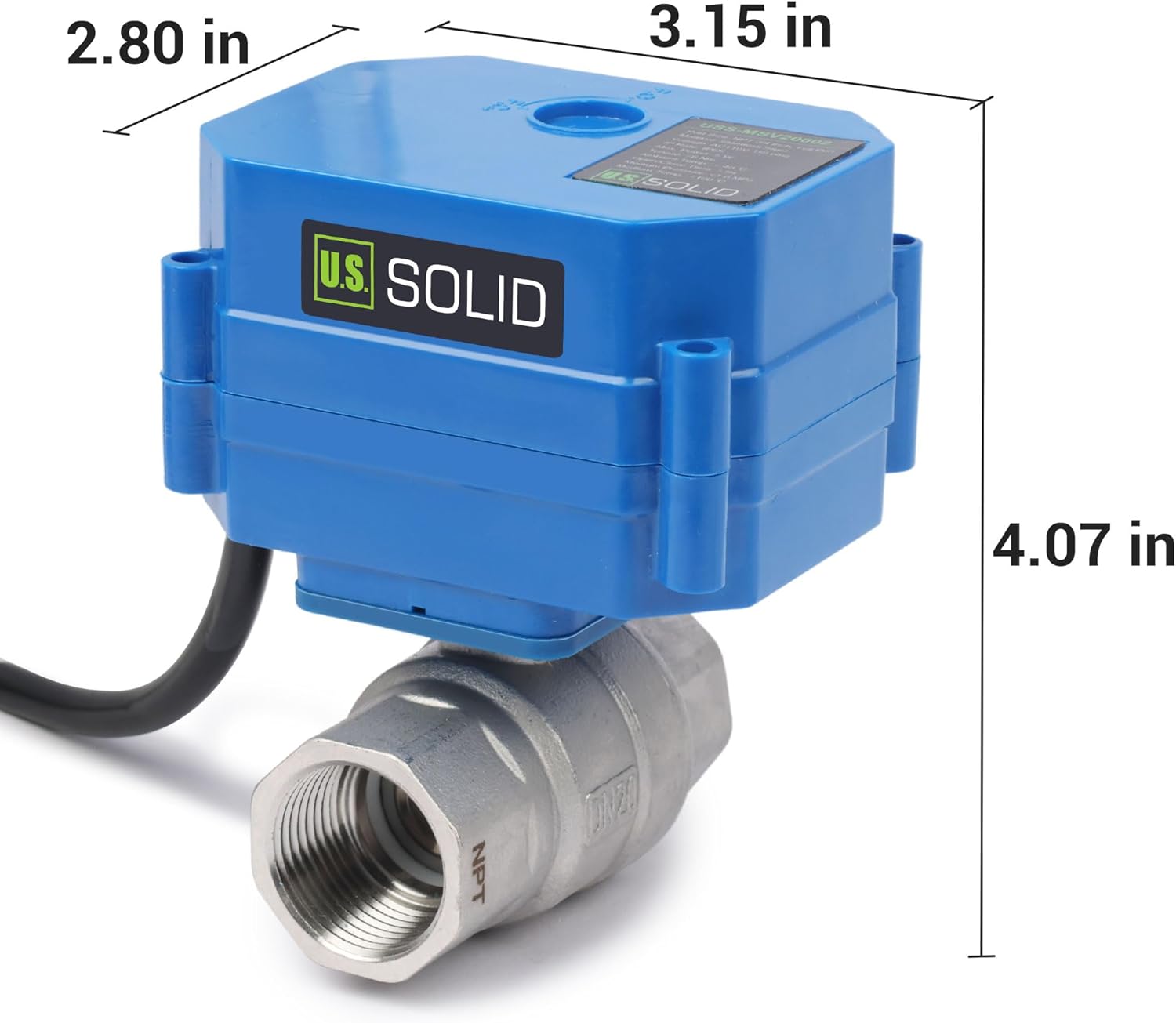 U.S. Solid 3/4" NPT 2-Way Motorized Ball Valve with US Plug 110VAC 304 Stainless Steel Electrical Ball Valve, Auto Return, Normally Closed, IP65, NSF Certified