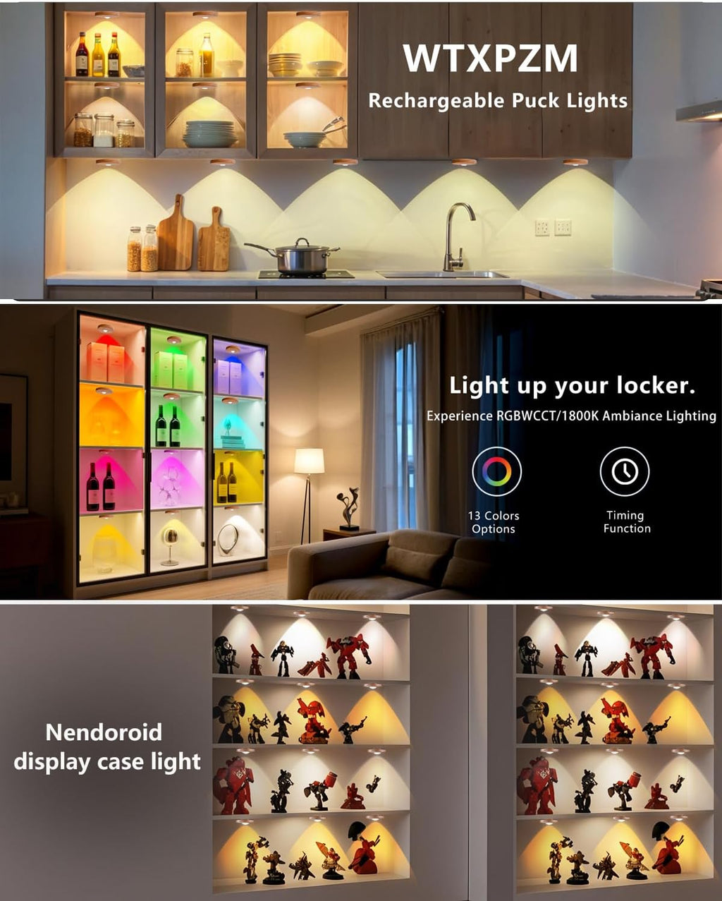 Puck lights with remote, 2000mAh rechargeable cabinet light, Under Cabinet Lighting Wireless, Display Cabinet, Dimmable Magnetic Stick-On Shelf , push lights battery operated，(Wood Color, 3 Pcs)