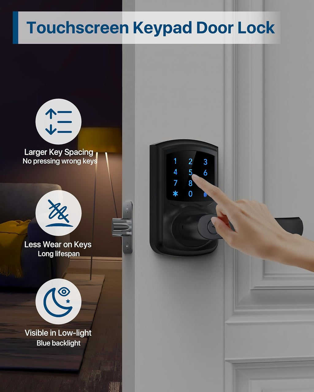 HIDALIFE Keyless Entry Door Lock with Keypad and Handle for Front Doors, Touchscreen, Anti-peep Password, Auto-Locking, Matte Black 4 Pack