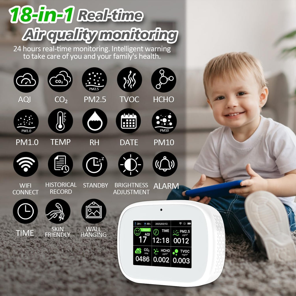 18-in-1 Smart Air Quality Monitor - Indoor WiFi Air Quality Detector with Dual Chip, Real-Time for AQI, CO2, PM2.5, PM1.0, PM10, TVOC, HCHO, Time Display, Temperature & Humidity (White-Black)
