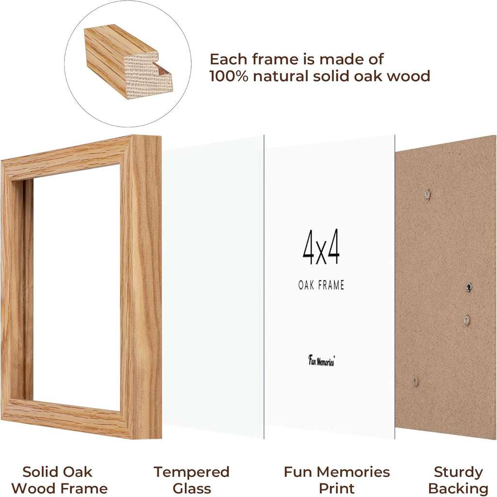 4x4 Picture Frames, 4 x 4 Photo Frames with Stand, Solid Oak Wood 4 by 4 Frame, 4x4 Picture Frame for Wall, Rustic Wood Frame 4"x4" with Real Glass, 4 by 4 Frames Set of 4, Natural Oak Color