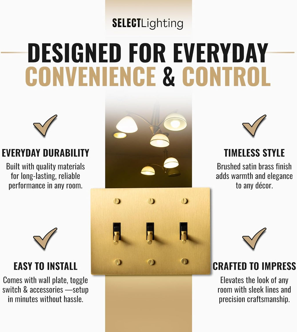 3-Gang Satin Solid Brass Plated Toggle Switch, 15A 120V AC Wall Mount, 3-Way Compatible Vintage Style Single Pole with Faceplate & Switch Module