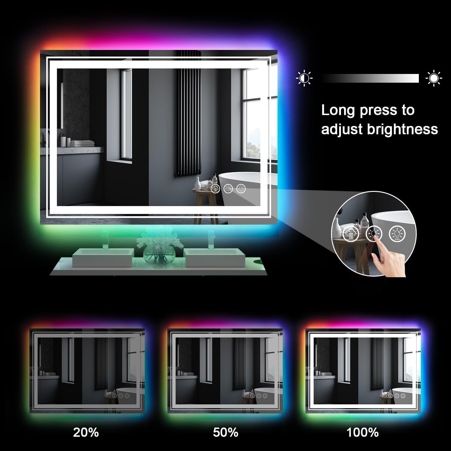 LED Mirror for Bathroom, 48"X40" with 8 RGB Backlit +3 Front Lit (Adjustable Individually), Anti-Fog, Large Lighted Bathroom Vanity Mirror for Wall,Shatterproof,Memory Function,Tempered Glass
