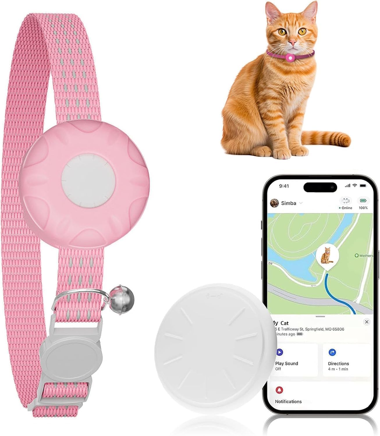 Cat Tracker, Waterproof Pet Tracker for Cats, Cat Tracker Collar with Safety Elastic Buckle,GPS Tracker Compatible with Apple Find My App (Only iOS), No Monthly Fee, Pink
