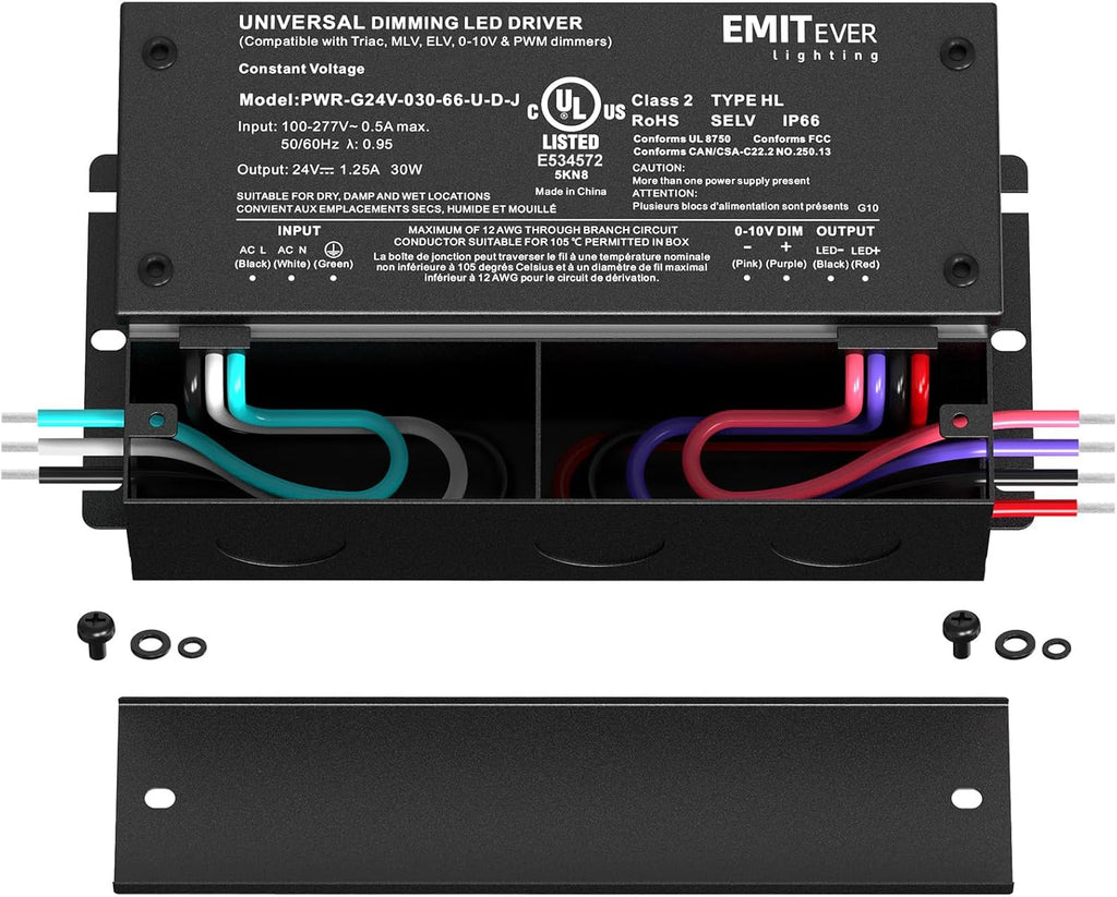 EMITEVER 30W Dimmable LED Driver, 24V Triac Dimmable Power Supply, AC to DC Transformer for LED Light, Compatible with Lutron and Leviton Dimmer, Waterproof IP67 and UL Listed, Class 2