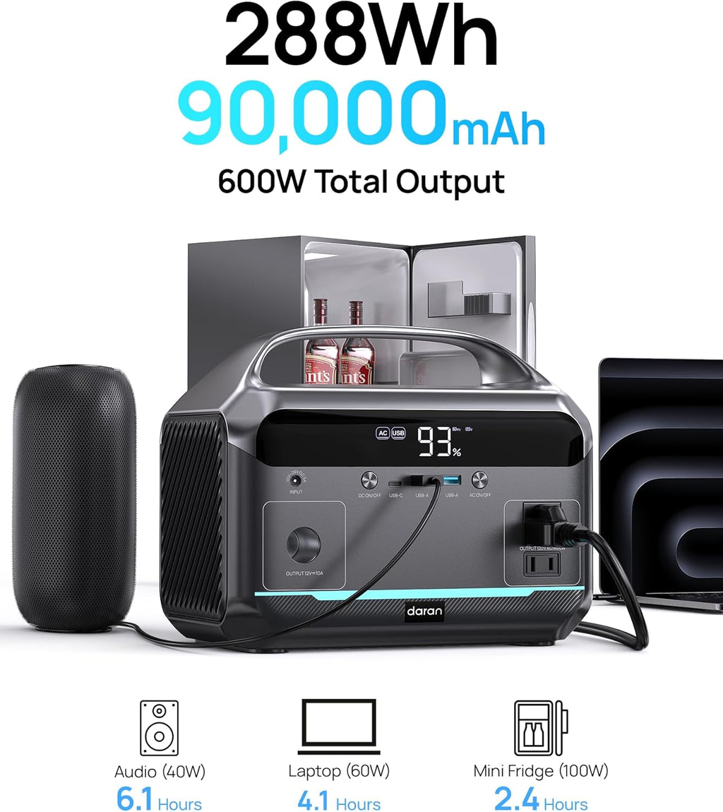 Portable Power Station 600W (1200W Peak), 288Wh (90,000mAh) LFP Battery Solar Generator, 2hrs Fast Charging, 8.86LB Power Bank with AC Outlets for Outdoor Camping, Home Emergency (Solar Optional)