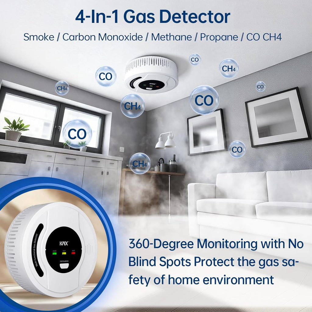 4-in-1 Carbon Monoxide Detectors, Smoke Detector, Natural Gas Detector, Propane Detector, CH4/LPG/Smoke and Carbon Monoxide Detector,Battery Powered,LED Indicator,Natural Gas Leak Detector for Home,RV