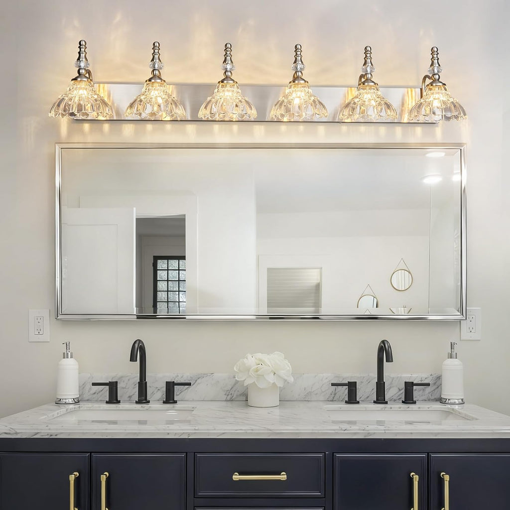 Vintage Bathroom Vanity Light, 6-Light Brushed Nickel Vanity Lighting Fixture with Flower Glass Shade, Bathroom Lighting Fixtures Over Mirror