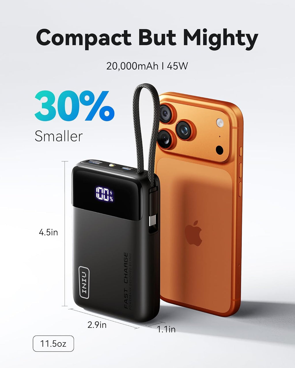 INIU 45W Portable Charger, Smallest 20000mAh Power Bank with Build in USB-C Cable, Fast Charging USB C in&Out Battery Pack, Travel Phone Charger for iPhone 17 16 15 Air Samsung S25 S24 Google iPad etc