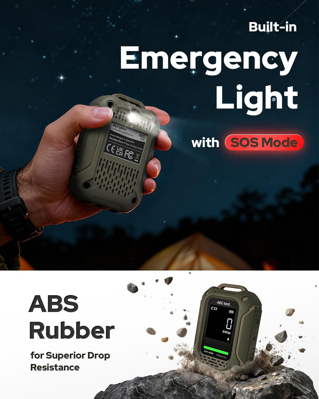 AGT-3000 Portable Carbon Monoxide Detector, 240H Standby, Upgraded CO Sensor for Travel, Rechargeable CO Detector with Audible & Visual Alerts, CO Meter for Camping, 0-1000ppm
