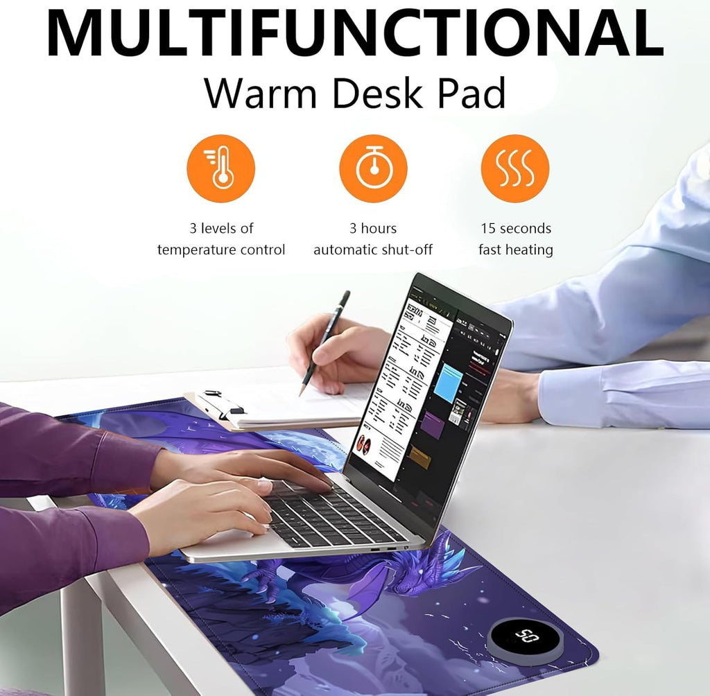 Heated Mouse Pad with 3 Levels Heated & 3 Hours Auto Shut-Off Mouse Pad for Warming Hands in Office Home, 31.5" x 13"Large Safe Desk Mat Hand Warmer，Angry Flying Dragon