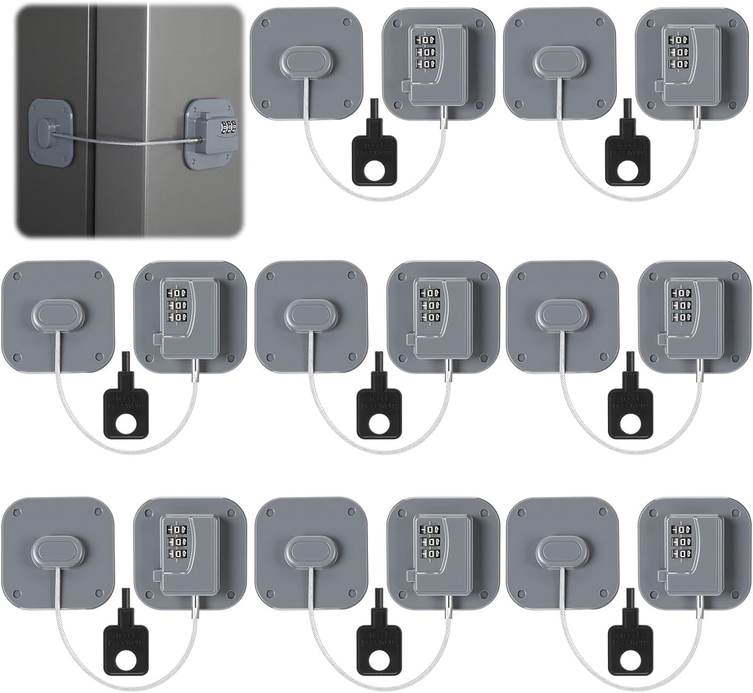 8 Pack Fridge Lock Heavy Duty Locks for Fridge Freezer Lock for Child Safety Cabinet Coded Adhesive Combination Refrigerator for Drawers Cabinet Window Easy Install No Drilling Black (Gray)