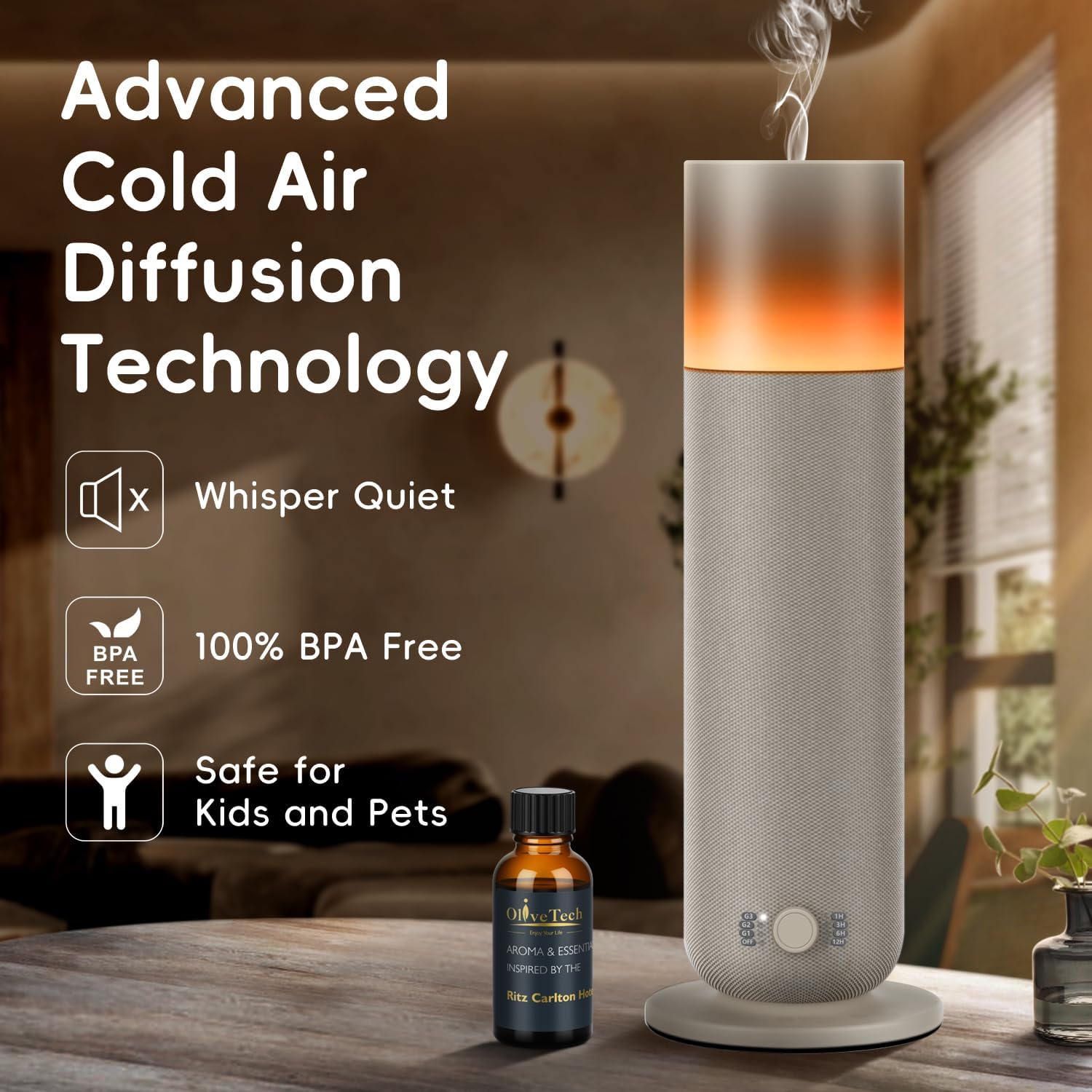 Waterless Diffuser with Fabric-Wrapped Design, OliveTech Cold Air Scent Diffusers for Home & Office, Hotel Collection Diffuser, Adjustable Intensity, Ambient Light, 1 x 30ml Essential Oil Included