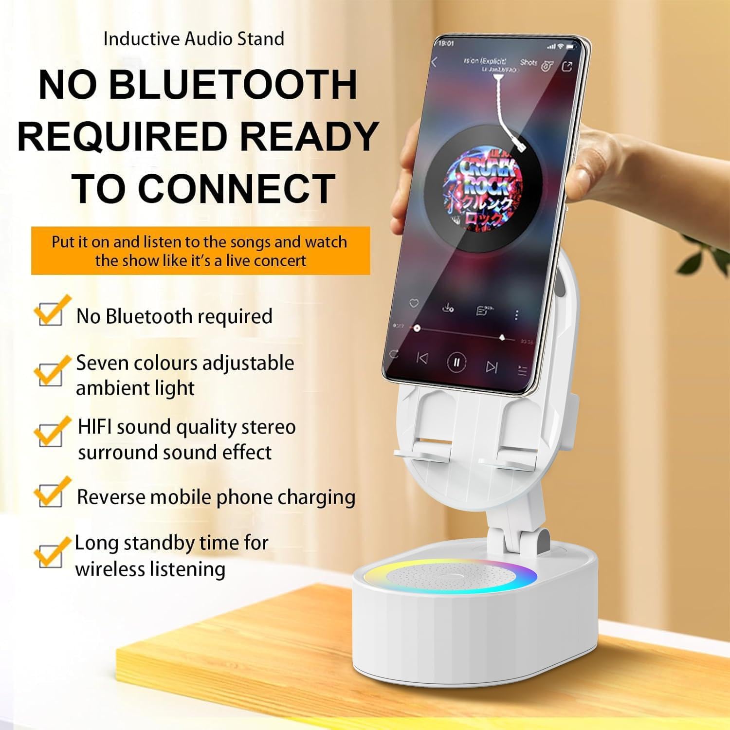 Wireless Induction Audio Bluetooth Speaker 5in1 Phone Holder Emergency Rechargeable (3000mAh) with Colorful Ambient Light 300° Foldable for Tablet iPhone Android, Gifts for Men Women (White)