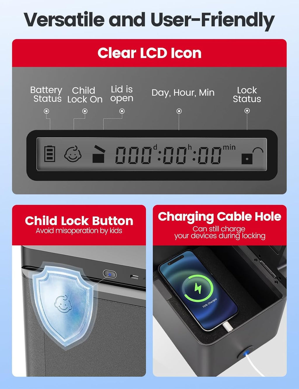 Vaydeer Metal Timed Lock Box, Phone Lockbox with Timer, Time Locking Safe, Self-Control Container with USB C Charge,Child Lock, Audio Prompt, Time Release Storage Locker for Phone/iPad Mini/Medicine