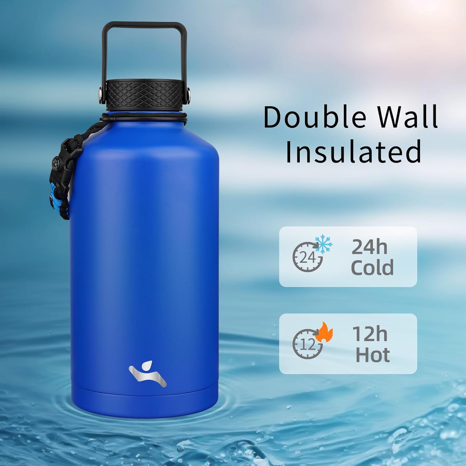 Insulated Water Bottle with Straw,87 oz 3 Lids Water Jug with Carrying Bag,Paracord Handle,Double Wall Vacuum Stainless Steel Metal Flask,Blue