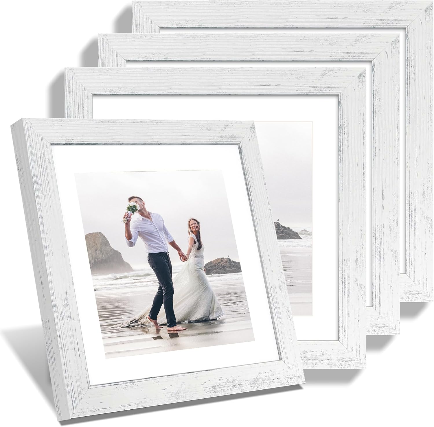 iRahmen 10x10 Picture Frame Set of 4 with Real Glass, Distressed White Frame Display 8x8 Pictures with Mat or 10 x 10 Without Mat, Wood Square Photo Frame for Wall Mount and Tabletop Display