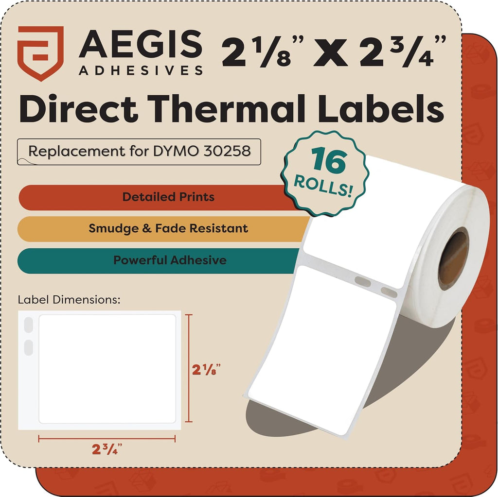 Aegis Adhesives - 2-1/8" X 2-3/4" Replacement for DYMO 30258 (16 Rolls/6400 Labels) Direct Thermal Diskette Media and Veterinary Labels - Compatible With LabelWriter 450, 450 Turbo, 4XL (NOT 550, 5XL)
