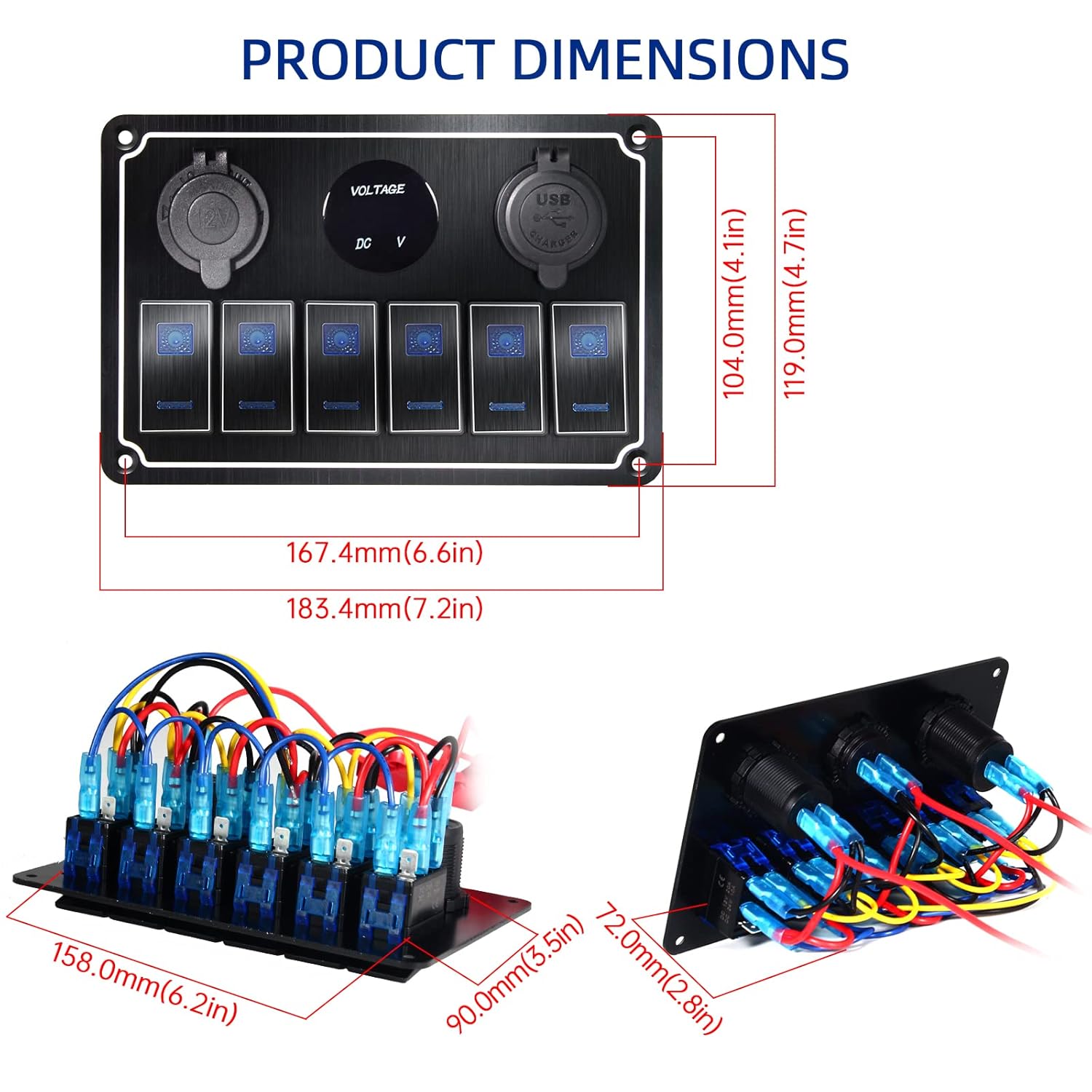 Waterproof Toggle Switch Panel 6 Gang 12V/24V Aluminum Rocker Switch Panel with Dual USB Charger Socket Voltmeter, Pre-Wired Multi-Function Switch Panel for Automotive RV Truck Vehicles