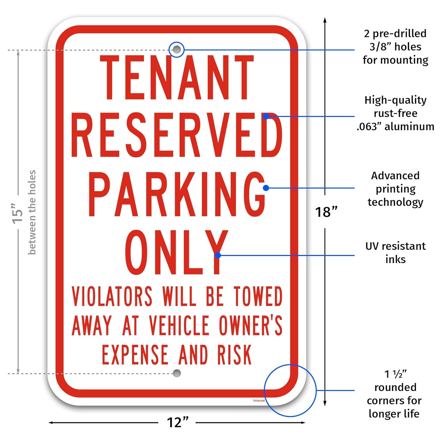 Brimar 12"x18" Tenant Reserved Parking Only Sign - Aluminum, Weatherproof, Highly Visible, Clear Designation for Reserved Parking Areas.