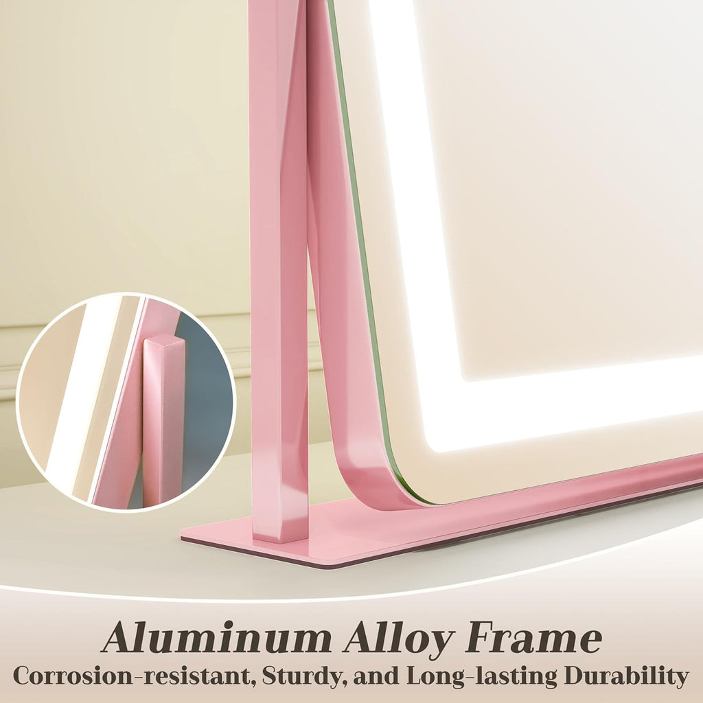 ROLOVE 22x17 Inch Pink Vanity Mirror with Lights，Dimmable LED Lights，3 Color Modes, Smart Touch Control，10X Magnification，Light up Makeup Mirror for Desk, Gift for Teen Girls