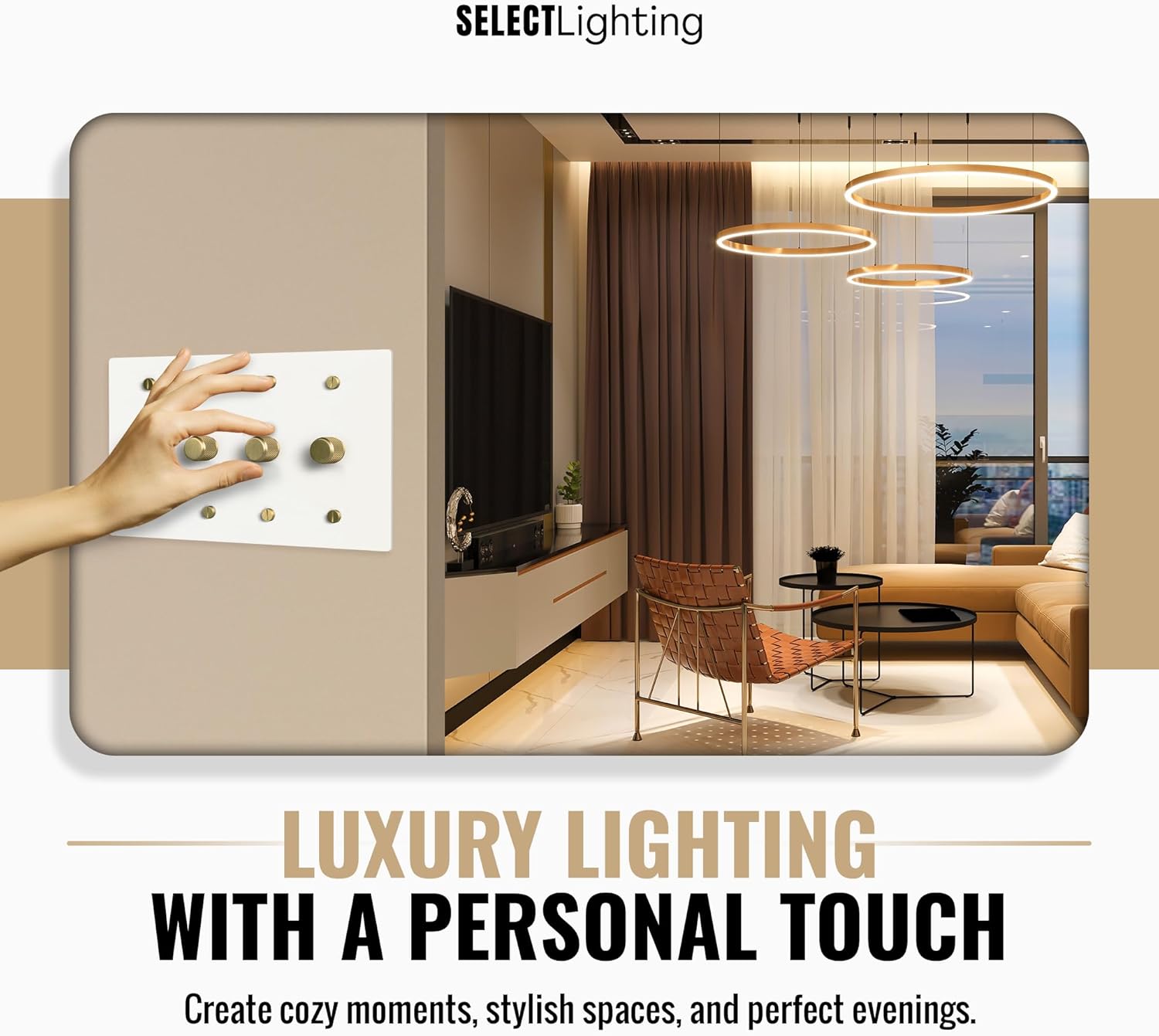 SELECT White Brass Dimmer Light Switch, 1 Way Rotary Dimmer, 4 Gang TRIAC/Leading Edge Dimmable LED Light Switch, 15A 120V AC with Brass Knob, Faceplate & Dimming Module, UL Listed