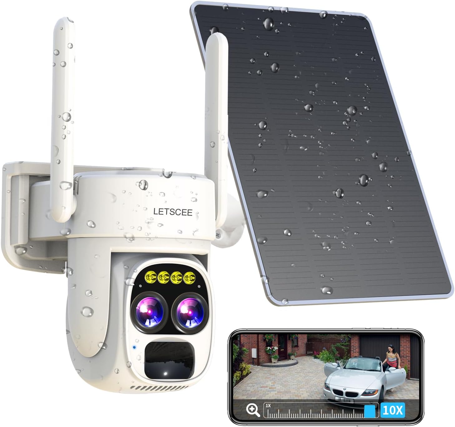 Security Cameras Wirelss Outdoor for Home Security, Alexa Cameras Solar Power,360 View Outside Camera,Motion Detection,10x Hybrid Zoom PAN Tile,IP-65 Weather Proof (1 Pack)