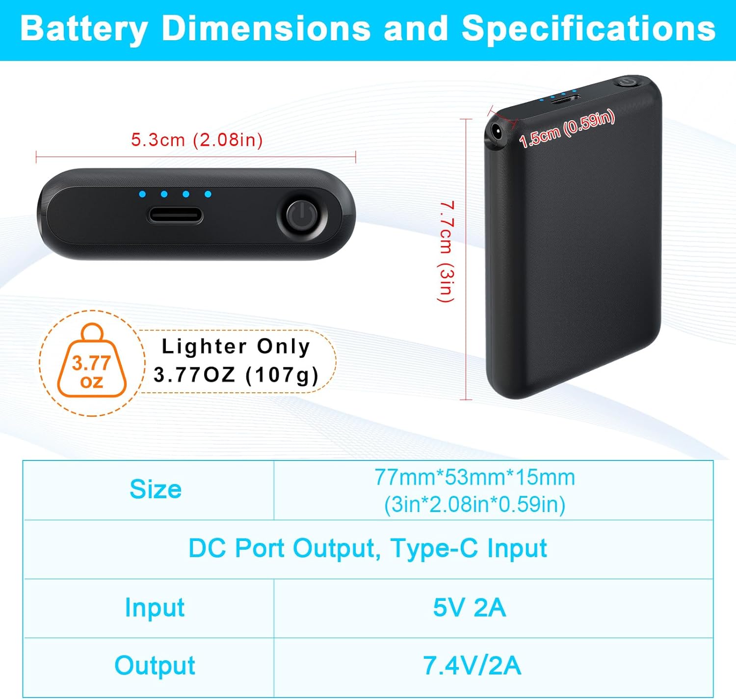 1 Pair 7.4V 2A 3000mAh Li-Polymer Rechargeable Battery Pack, Batteries for Battery Heated Glove with 3.5mm Female DC Jack for Heated Gloves, Heated Slippers, Heated Socks, Heated Scarf ＆Heated Insoles