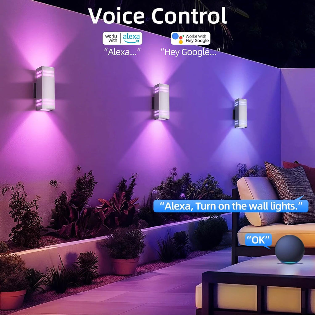 SHIMR Smart Outdoor Wall Lights 2 Pack, RGB Color Changing WiFi & Bluetooth Sconce, Stainless Steel, Dusk to Dawn Sensor, Waterproof Exterior Lighting Fixture with E26 Base, Work with Alexa & Google
