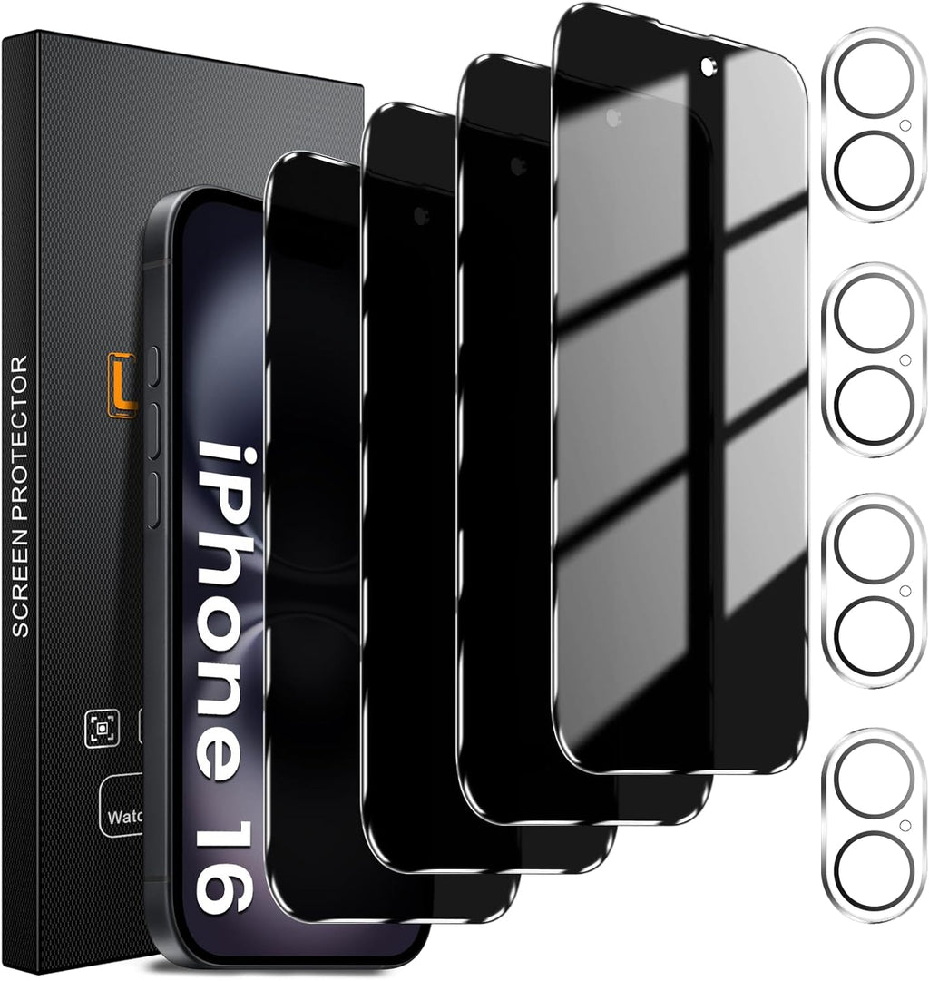 4+4 Pack Privacy Screen Protector for iPhone 16 6.1-Inch with 4 Pack Camera Lens Protector, Anti Spy Tempered Glass Film 9H Hardness Case Friendly