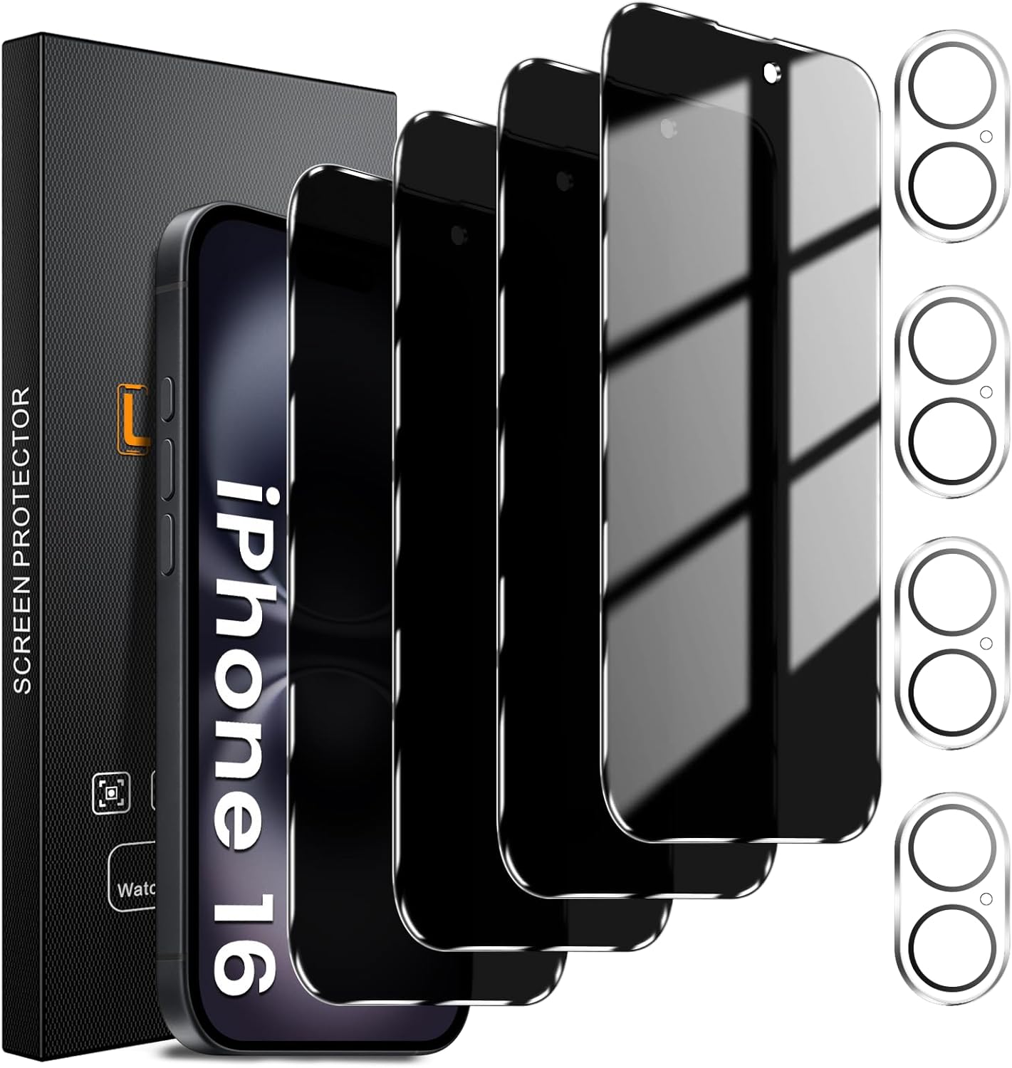 4+4 Pack Privacy Screen Protector for iPhone 16 6.1-Inch with 4 Pack Camera Lens Protector, Anti Spy Tempered Glass Film 9H Hardness Case Friendly