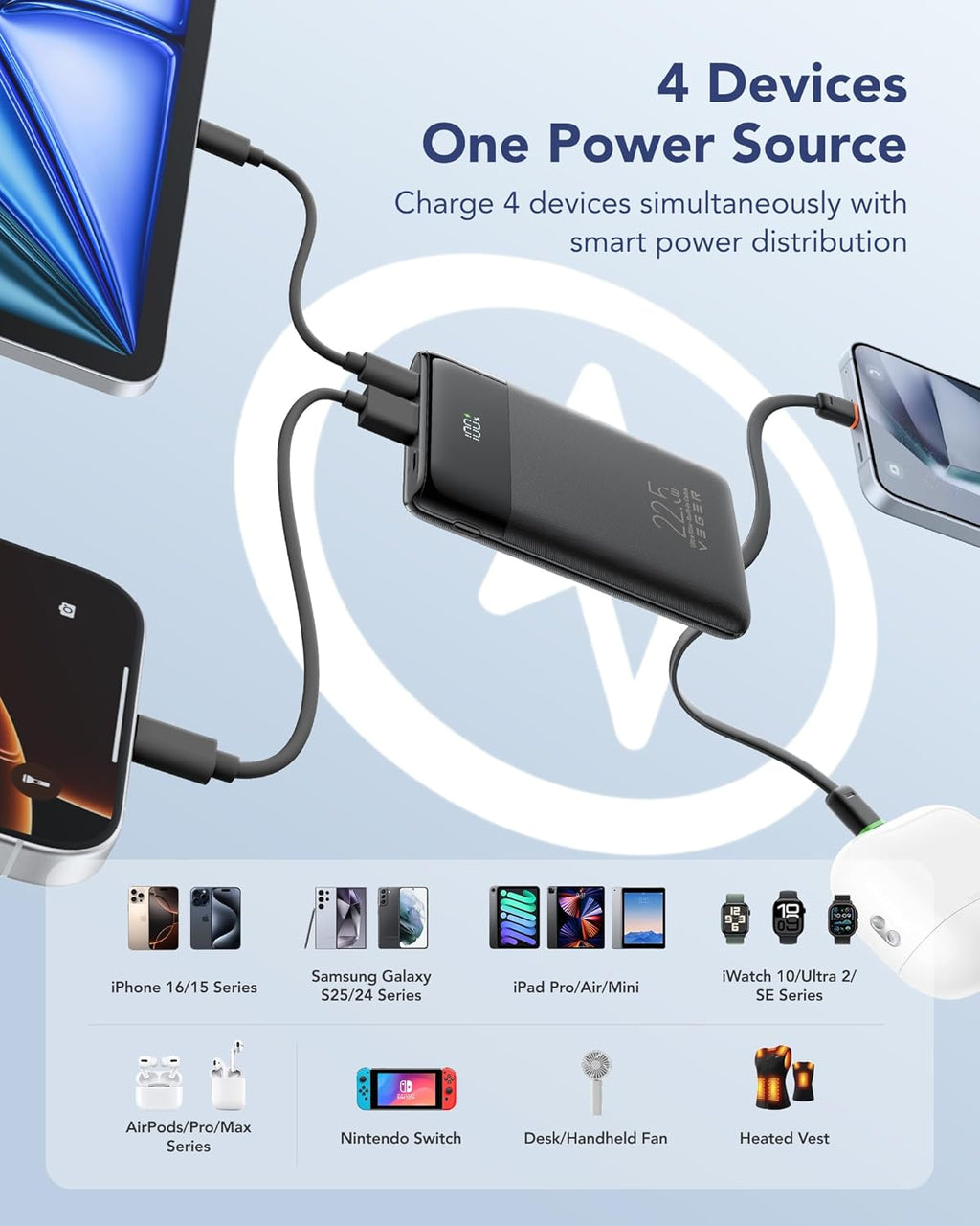VEGER Portable Charger with Built in Cables, Slim 10000mAh PD 22.5W Fast Charging USB C Power Bank, 4 Outputs 3 Inputs Battery Pack Compatible with iPhone 16 15 14 13 Samsung iPad - Travel Essential