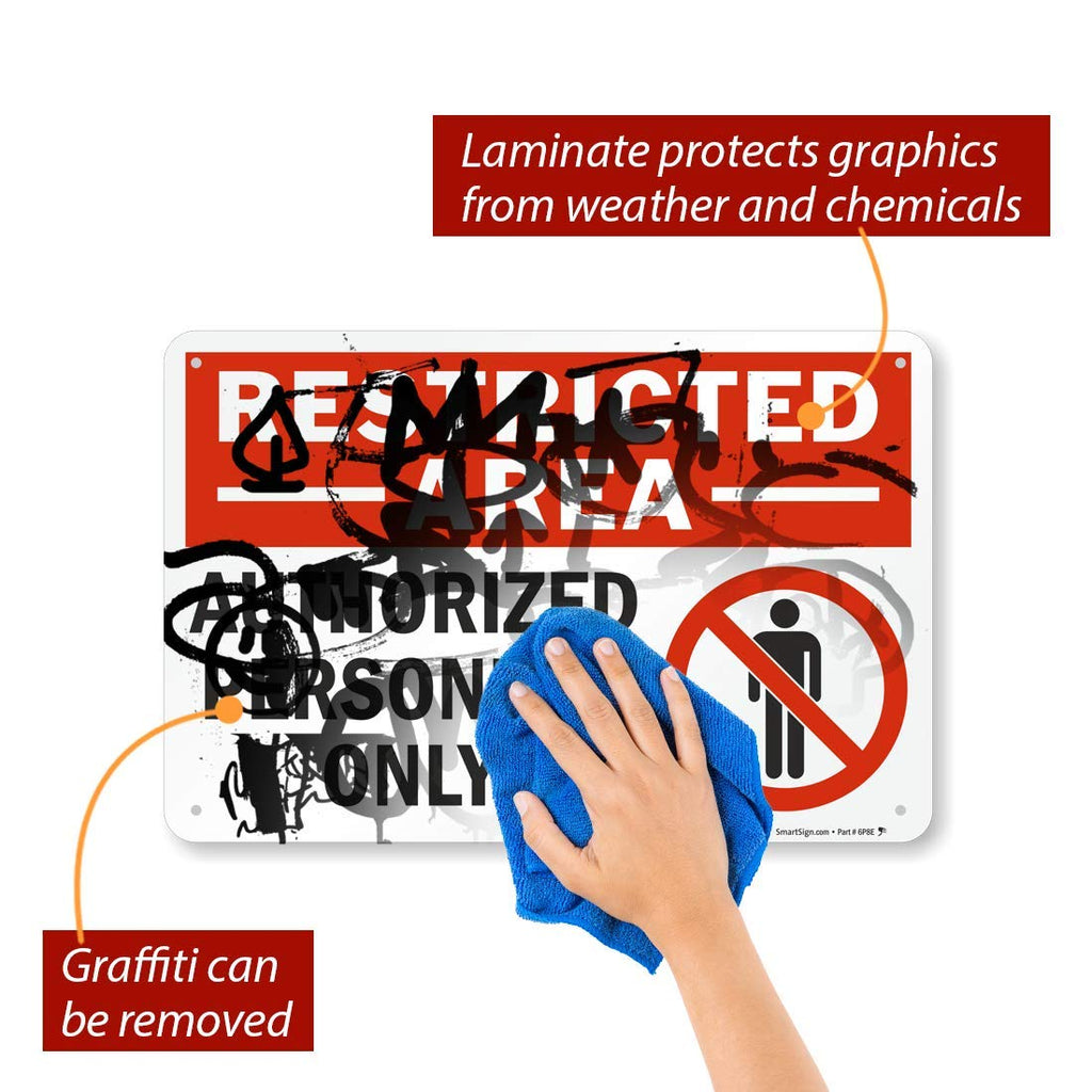SmartSign 12 x 18 inch “Restricted Area - Authorized Personnel Only” Metal Sign with Symbol, 63 mil Laminated Rustproof Aluminum, Red, Black and White, Made in USA