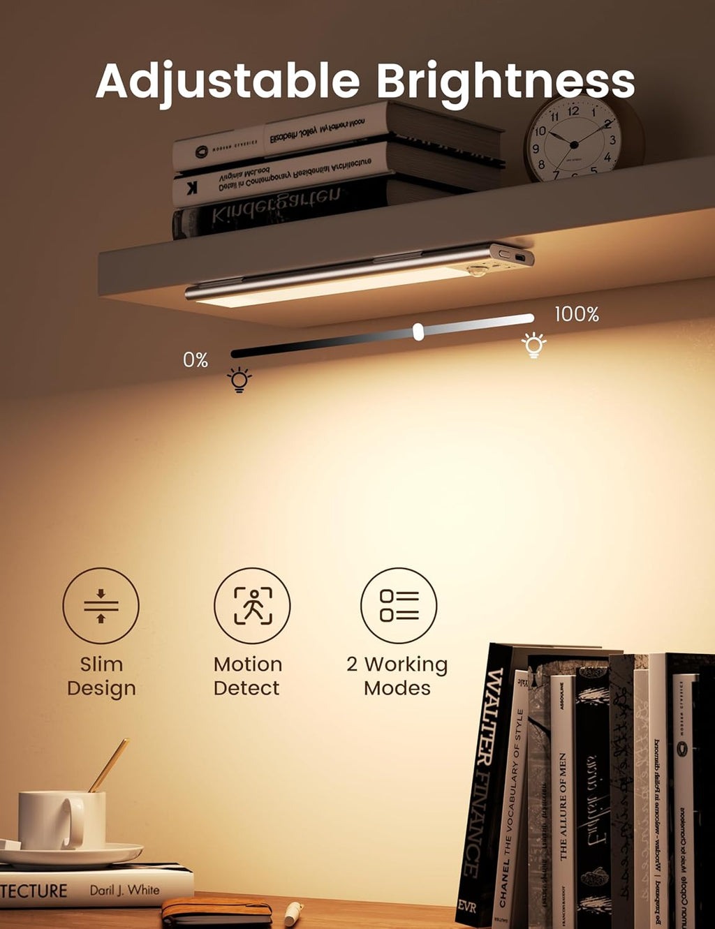 Joyzy 2 Pack 66 LED Motion Sensor Closet Lights, 9.2’’ Rechargeable Under Cabinet Lighting Magnetic 3 Color Temps & Dimmable Under Counter Light Motion Activated Pantry Light (110 Lumen)