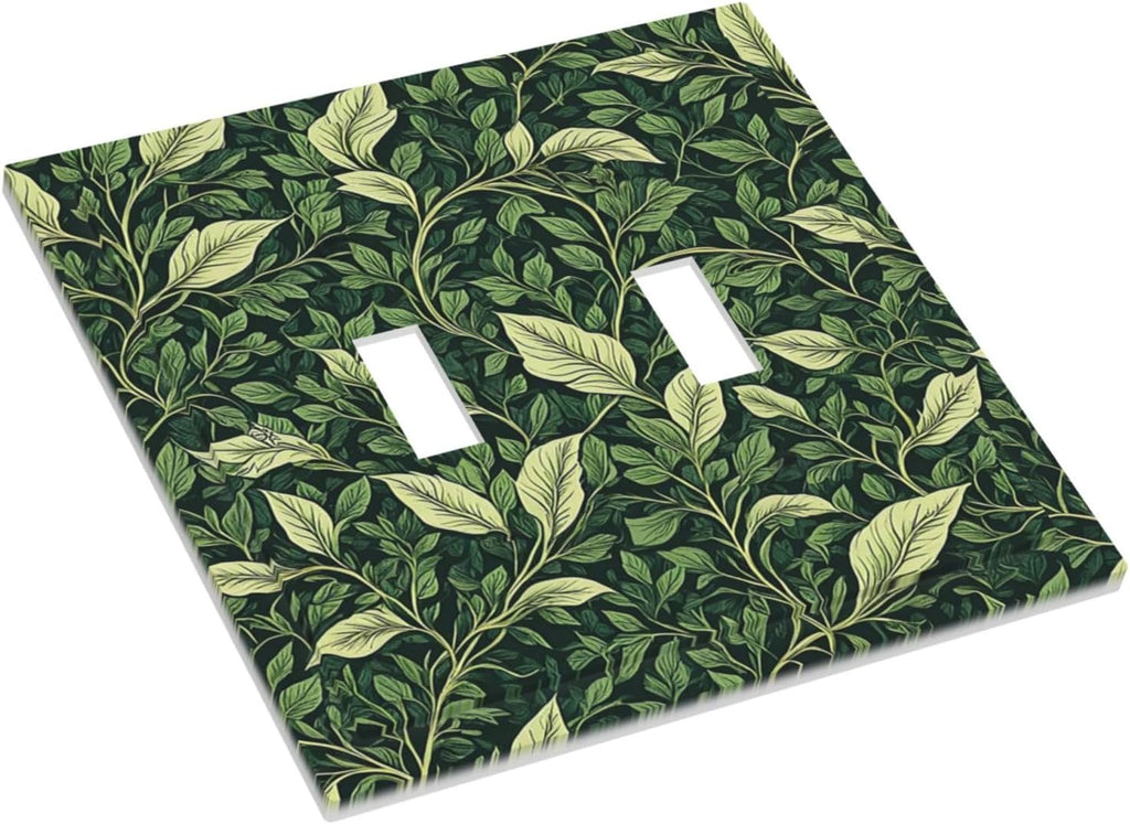 Vintage Green Plant Leaves 2 Gang Double Toggle Light Switch Cover Decorative Switchplate Electrical Wall Plates Faceplate for Bathroom Bedroom Decor 4.9 X 5 IN