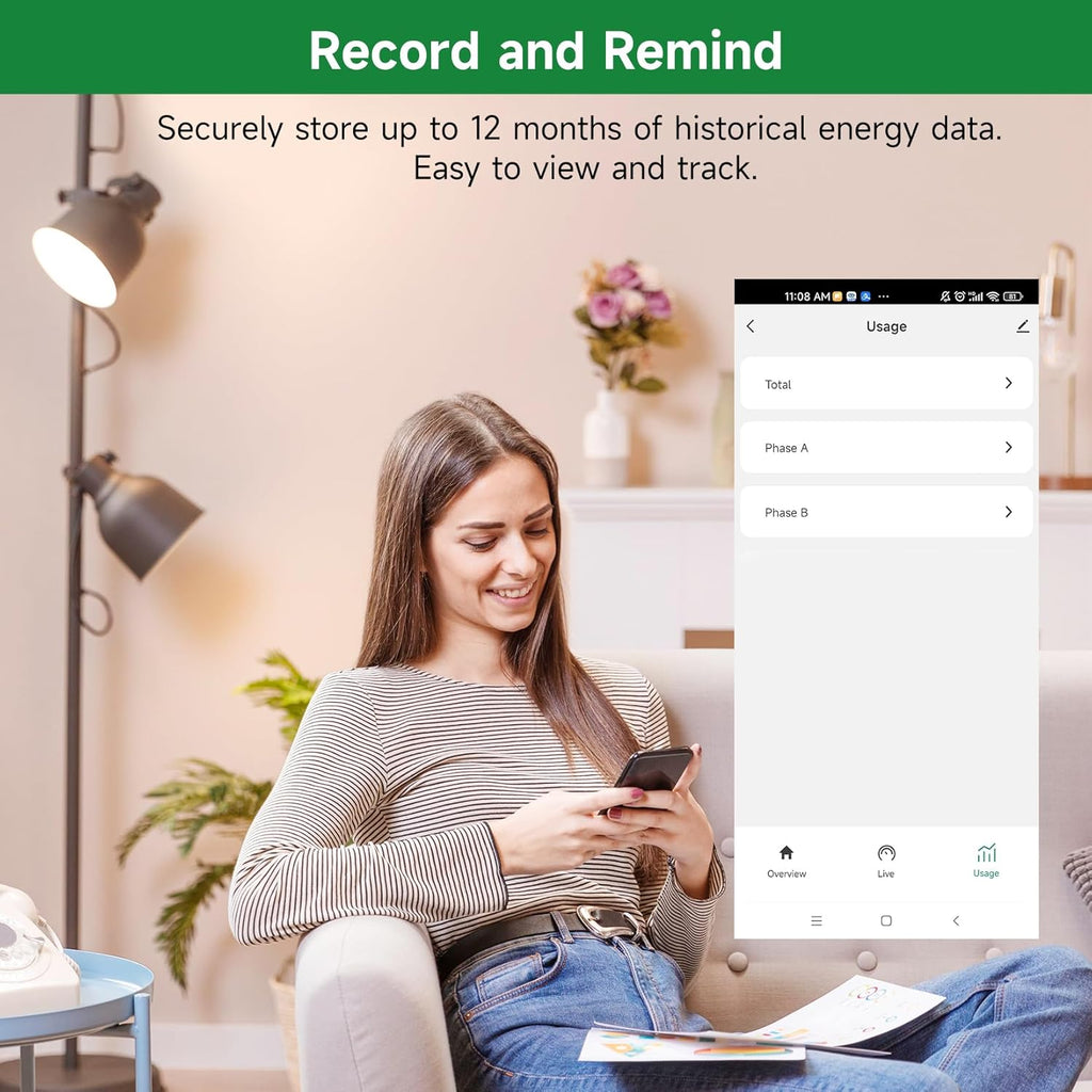 WiFi Energy Monitor with 2 * 120A Clamps, Real-Time Electricity Tracking, Smart Home Power Management,WiFi Meter Solar/Net Metering, Home Energy Automation and Control