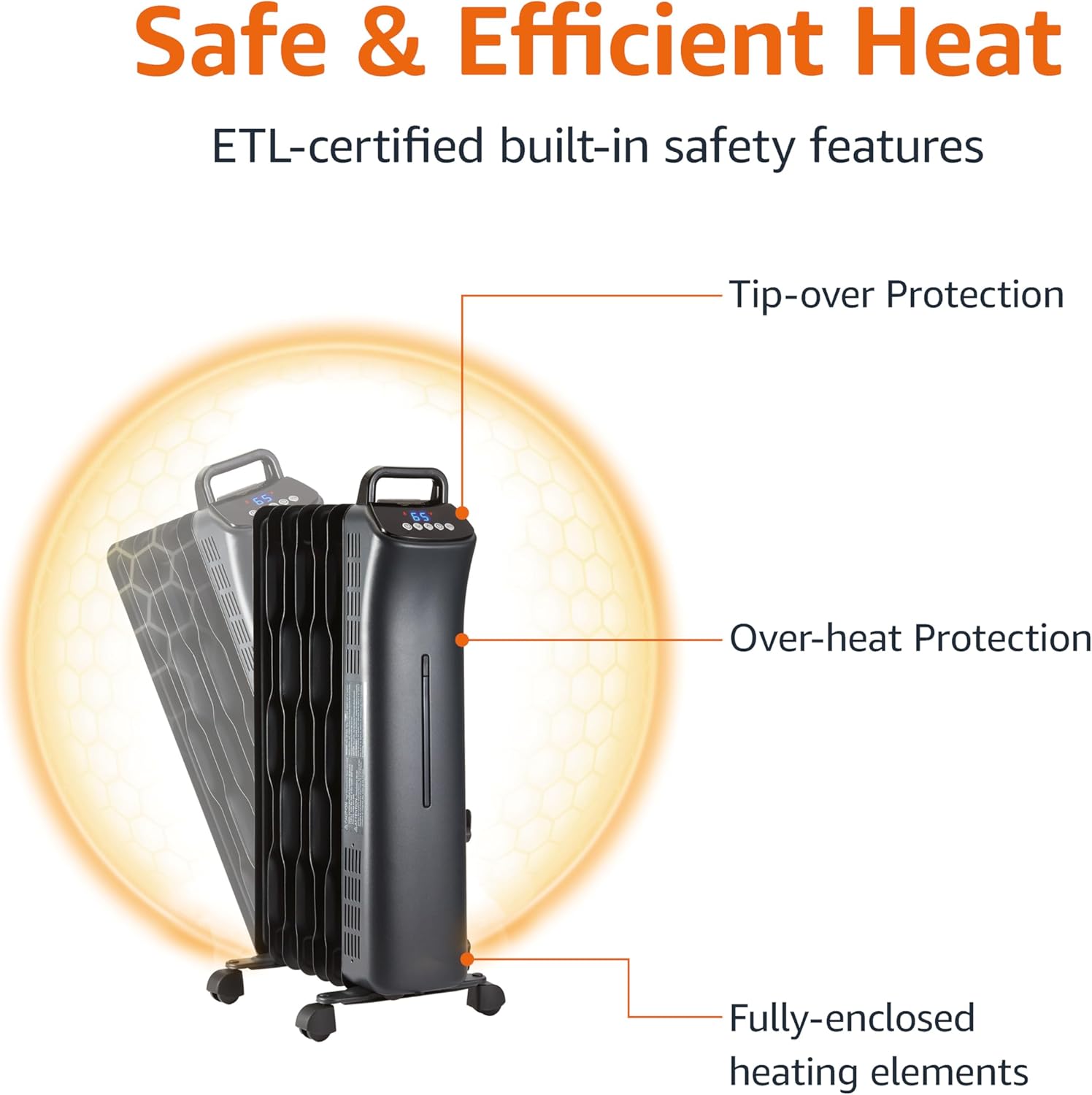 Amazon Basics Oil Space Heater with Remote Control, Portable Radiator Heater with 7 Oil-Filled Fins Indoor Uses, 3 Heat Settings, Thermostat, Tip-Over Protection, ETL Safety Certificate, 1500W, Black