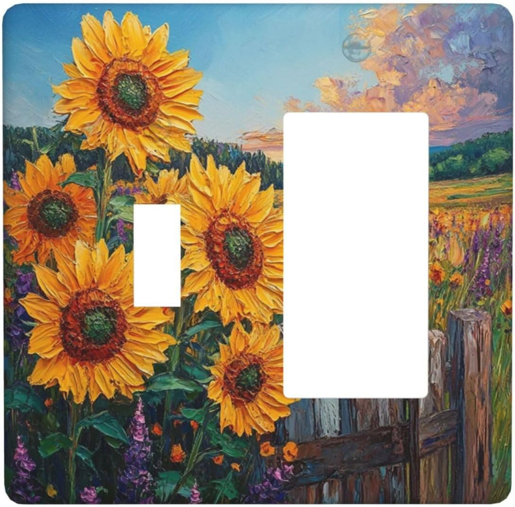 Decorative Outlet Covers Rustic Wilderness Sunflower Lavender Muzha Oil Painting 2 Gang 1 Gang Wall Plate Cover Single Toggle Rocker Combo Light Switch Cover Plate
